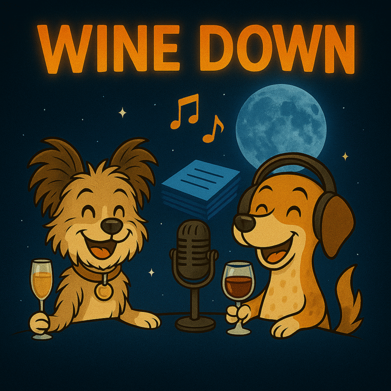 wine down logo featuring two dogs drinking wine in the dark with a moon and a stack of flying papers